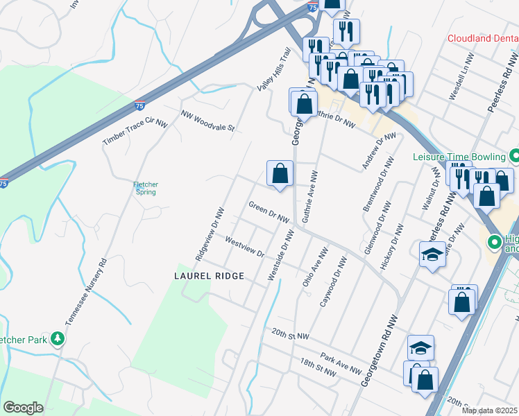 map of restaurants, bars, coffee shops, grocery stores, and more near 1845 Green Drive Northwest in Cleveland