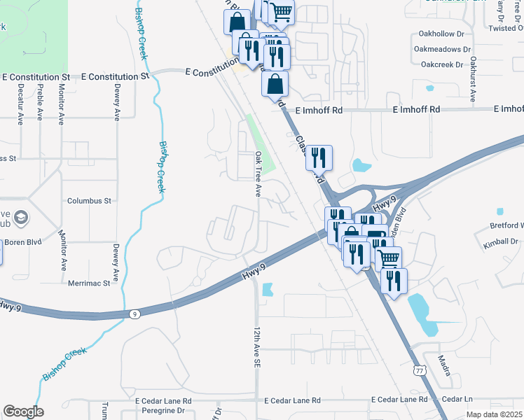 map of restaurants, bars, coffee shops, grocery stores, and more near 711 Oak Tree Avenue in Norman