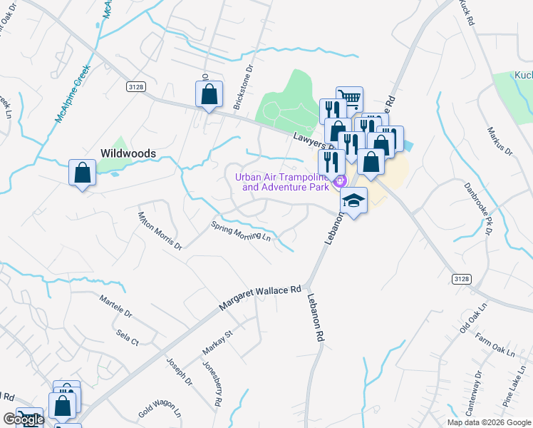 map of restaurants, bars, coffee shops, grocery stores, and more near 9008 Blue Willow Lane in Charlotte
