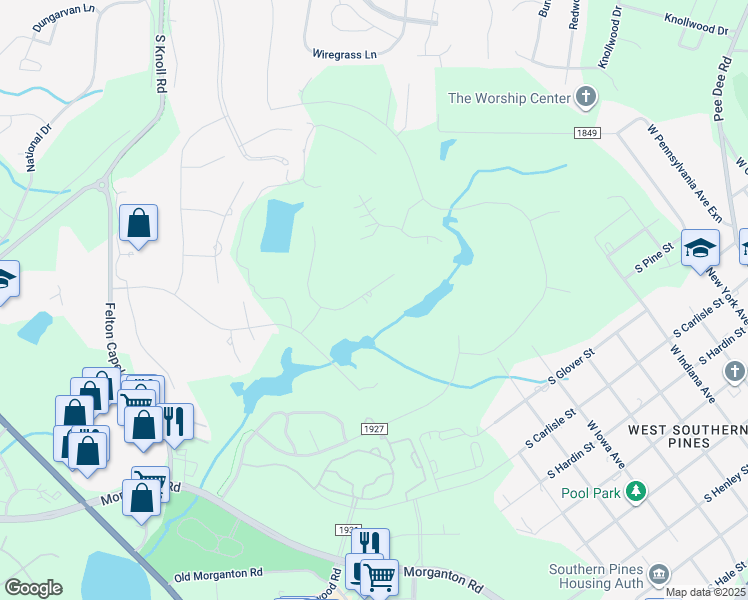 map of restaurants, bars, coffee shops, grocery stores, and more near 170 Eagle Point Lane in Southern Pines