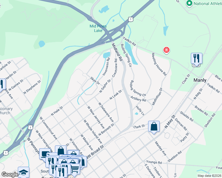 map of restaurants, bars, coffee shops, grocery stores, and more near 304 Crestview Road in Southern Pines