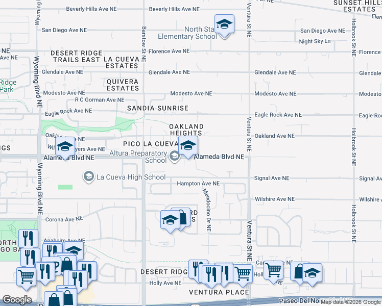 map of restaurants, bars, coffee shops, grocery stores, and more near 8750 Alameda Boulevard Northeast in Albuquerque