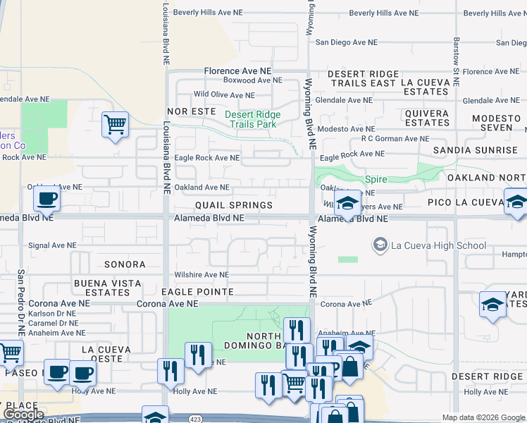 map of restaurants, bars, coffee shops, grocery stores, and more near 8800 Eagle Feather Drive Northeast in Albuquerque
