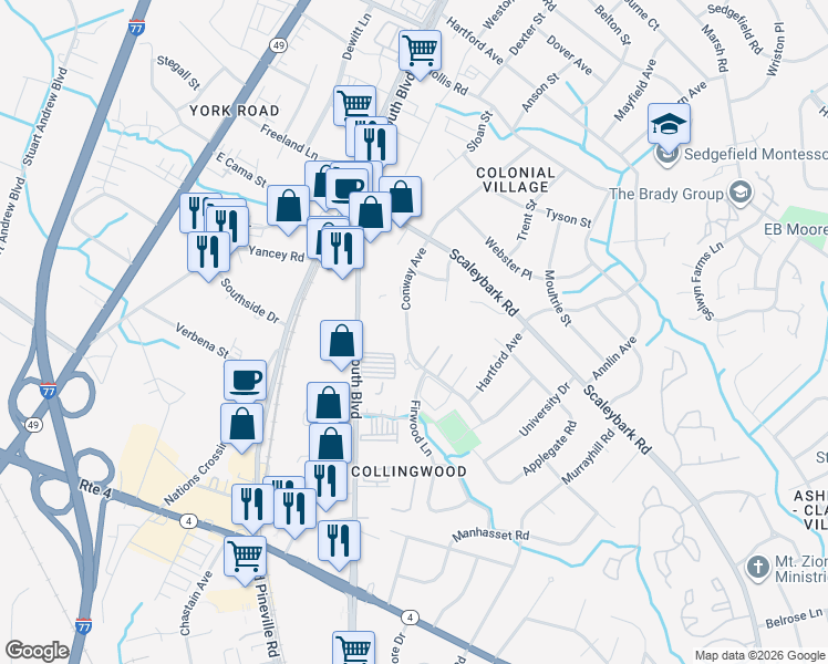 map of restaurants, bars, coffee shops, grocery stores, and more near 4001 Conway Avenue in Charlotte