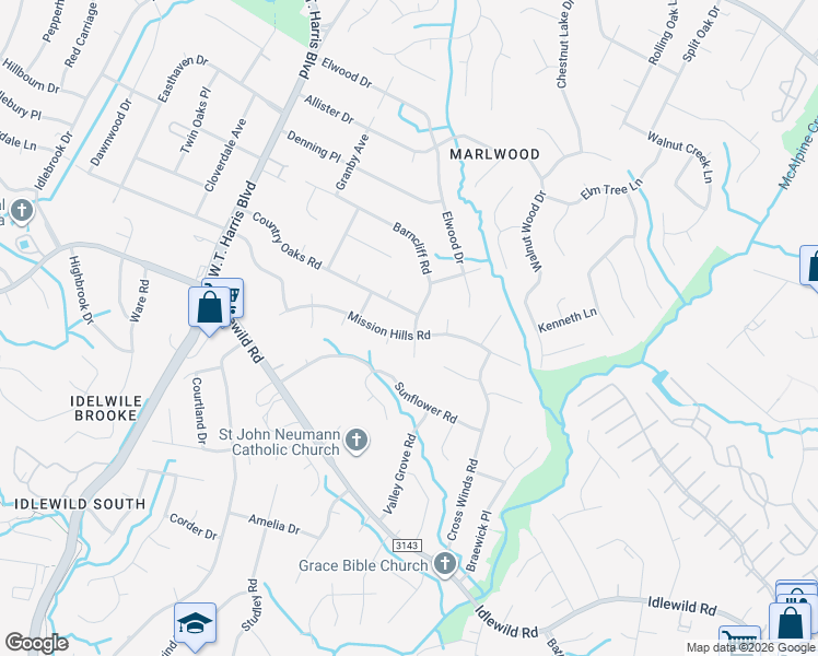 map of restaurants, bars, coffee shops, grocery stores, and more near 8435 Mission Hills Road in Charlotte