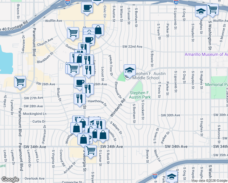 map of restaurants, bars, coffee shops, grocery stores, and more near 2408 Juniper Drive in Amarillo
