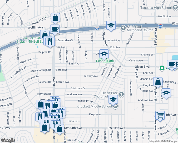 map of restaurants, bars, coffee shops, grocery stores, and more near 5305 Tawney Avenue in Amarillo