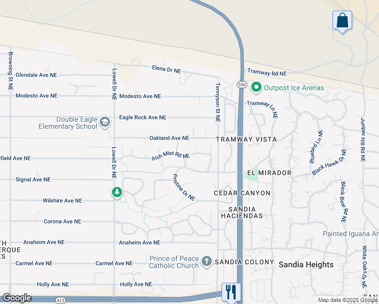 map of restaurants, bars, coffee shops, grocery stores, and more near 8808 Primrose Court Northeast in Albuquerque