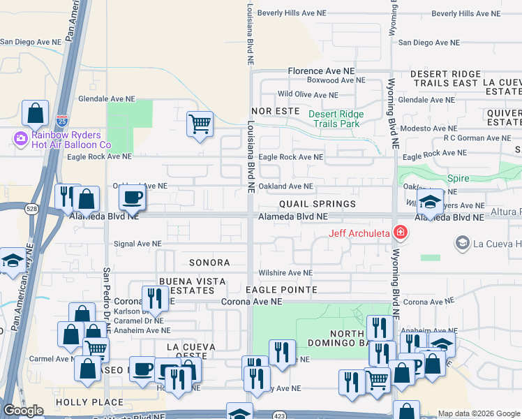 map of restaurants, bars, coffee shops, grocery stores, and more near 7108 Calle Alegria Northeast in Albuquerque