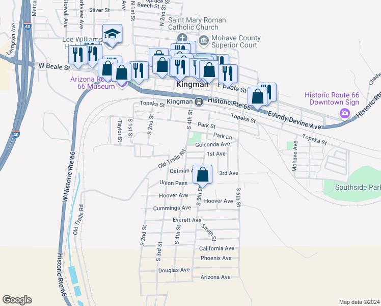 map of restaurants, bars, coffee shops, grocery stores, and more near 426 Goldroad Ave in Kingman