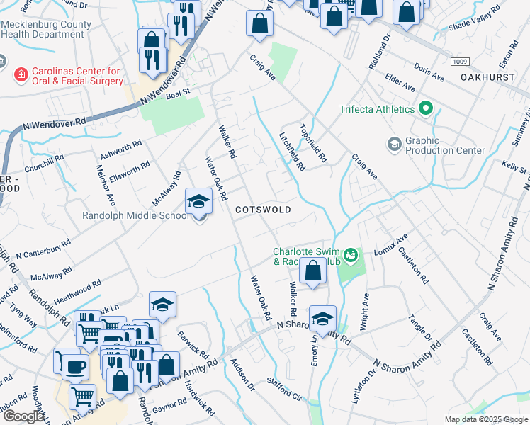 map of restaurants, bars, coffee shops, grocery stores, and more near 901 Bridlepath Lane in Charlotte