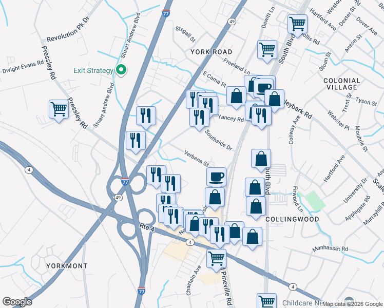 map of restaurants, bars, coffee shops, grocery stores, and more near in Charlotte