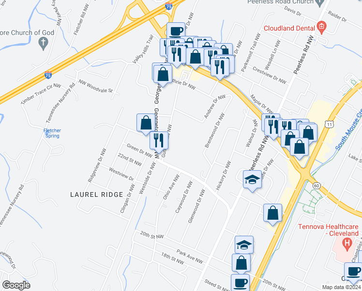 map of restaurants, bars, coffee shops, grocery stores, and more near 2300 Georgetown Road Northwest in Cleveland