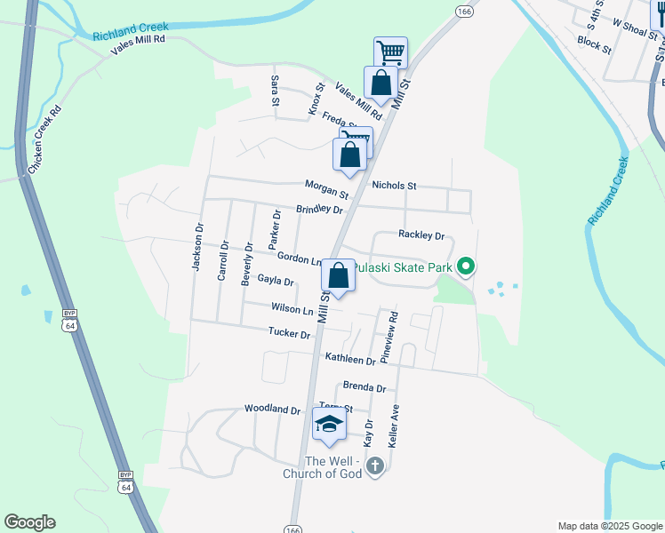 map of restaurants, bars, coffee shops, grocery stores, and more near 1275 Mill Street in Pulaski