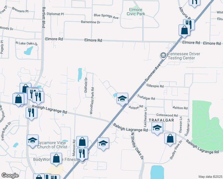 map of restaurants, bars, coffee shops, grocery stores, and more near 2135 Mangum Road in Memphis