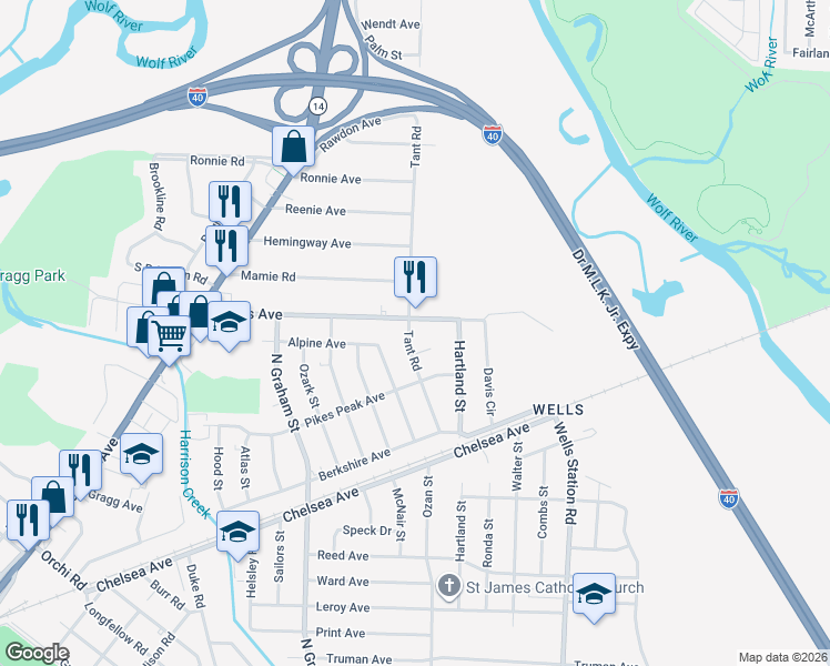 map of restaurants, bars, coffee shops, grocery stores, and more near 4161 Tant Cove in Memphis