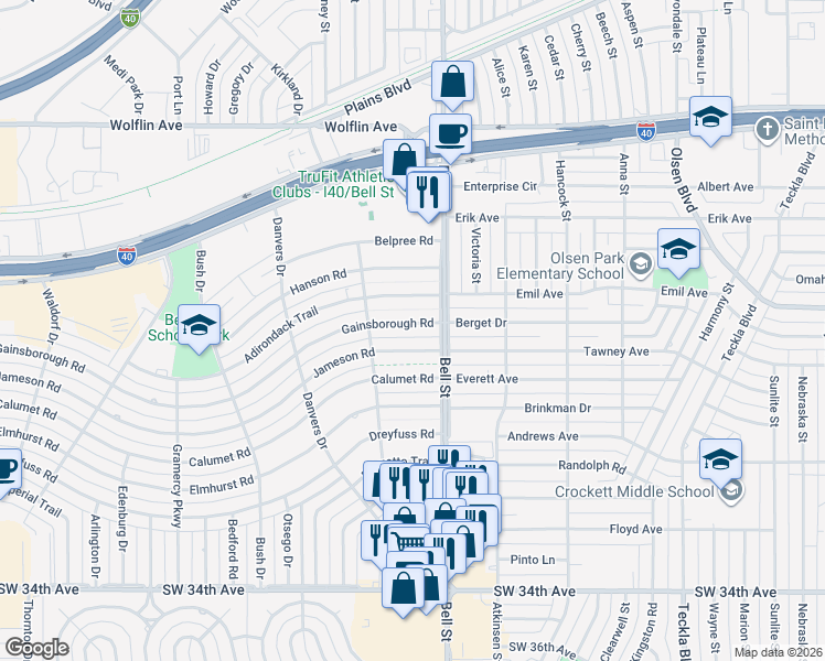 map of restaurants, bars, coffee shops, grocery stores, and more near 6011 Jameson Rd in Amarillo