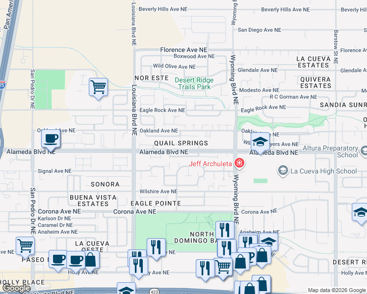 map of restaurants, bars, coffee shops, grocery stores, and more near 7227 Via Contenta Northeast in Albuquerque