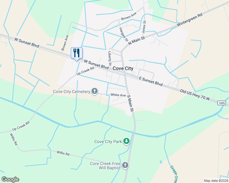 map of restaurants, bars, coffee shops, grocery stores, and more near 317 White Avenue in Cove City