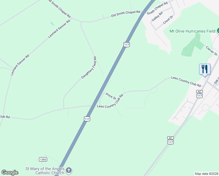 map of restaurants, bars, coffee shops, grocery stores, and more near 106-108 Price St in Mt Olive