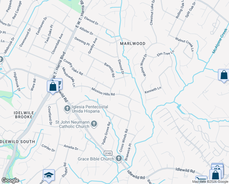 map of restaurants, bars, coffee shops, grocery stores, and more near 8516 Mission Hills Road in Charlotte