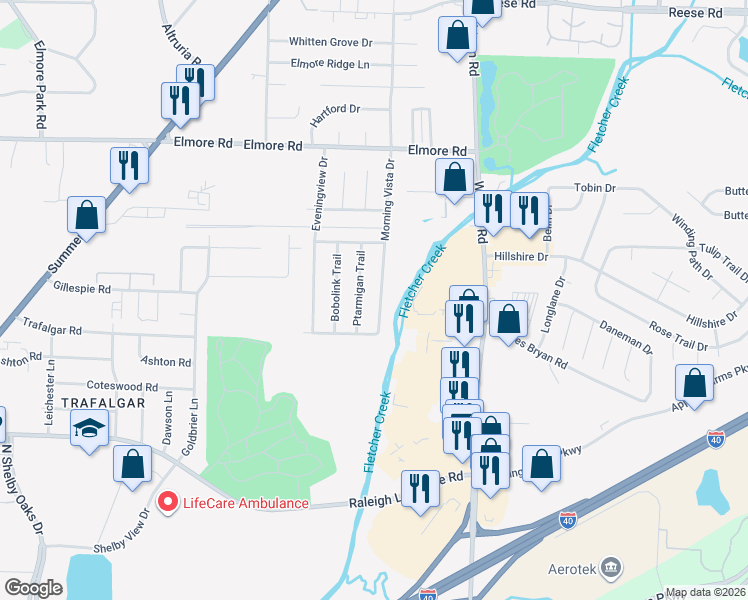 map of restaurants, bars, coffee shops, grocery stores, and more near 2142 Ptarmigan Trail in Memphis