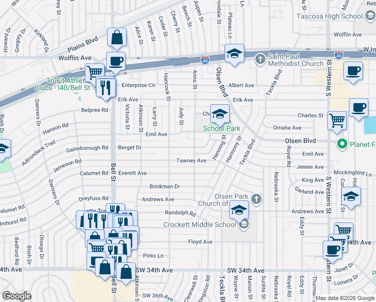 map of restaurants, bars, coffee shops, grocery stores, and more near 5305 Tawney Avenue in Amarillo