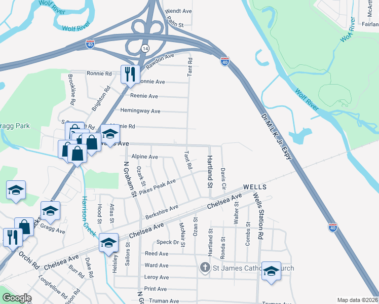 map of restaurants, bars, coffee shops, grocery stores, and more near 4161 Tant Cove in Memphis