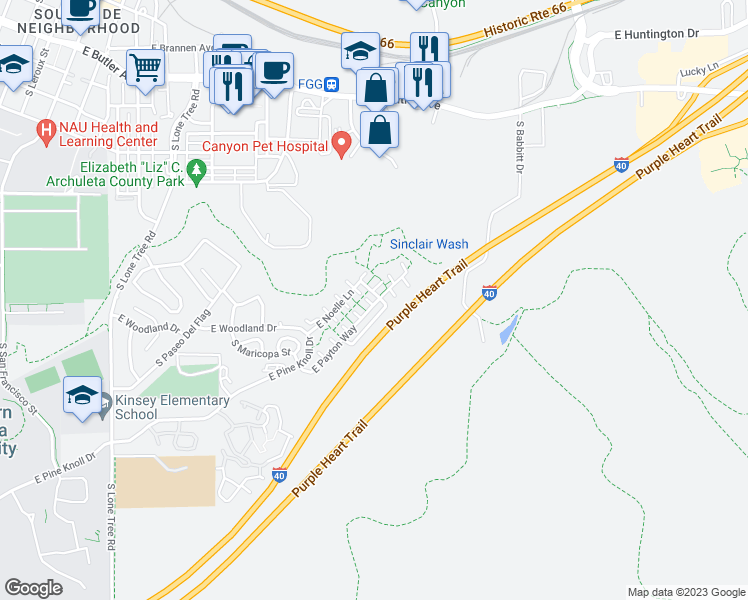 map of restaurants, bars, coffee shops, grocery stores, and more near 1520 East Helen Way in Flagstaff