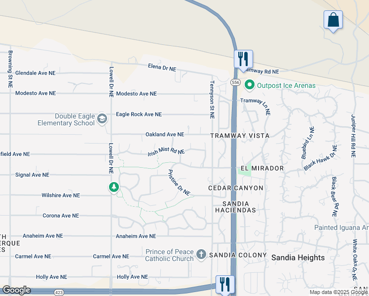 map of restaurants, bars, coffee shops, grocery stores, and more near 8808 Primrose Court Northeast in Albuquerque