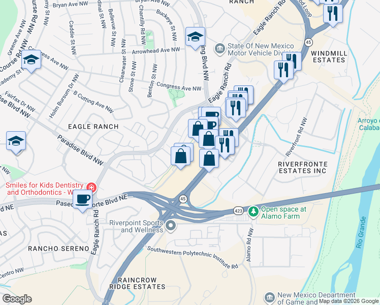 map of restaurants, bars, coffee shops, grocery stores, and more near 9231 Coors Boulevard Northwest in Albuquerque