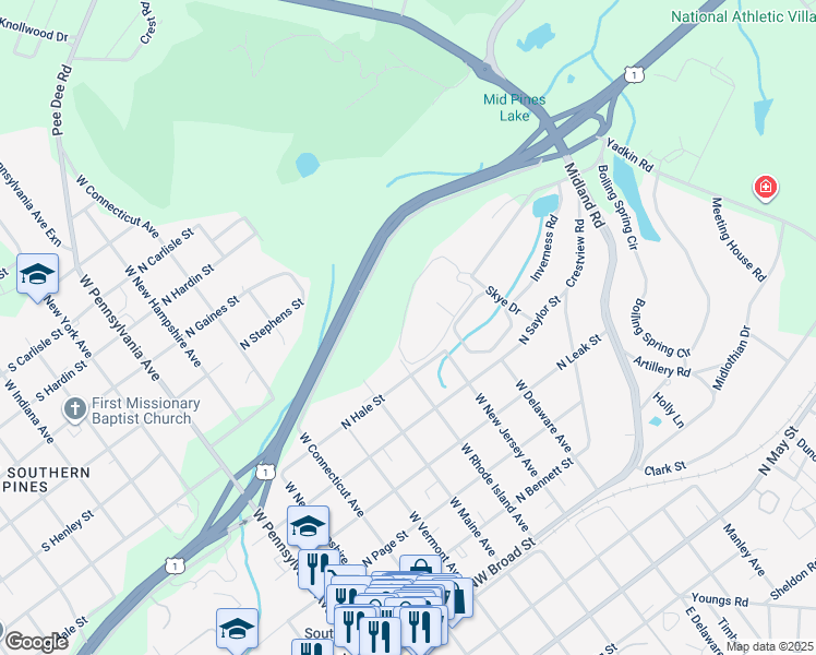 map of restaurants, bars, coffee shops, grocery stores, and more near 35 Village Green Circle in Southern Pines