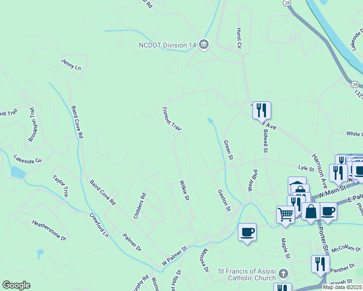 map of restaurants, bars, coffee shops, grocery stores, and more near 61 Trimont Circle in Franklin