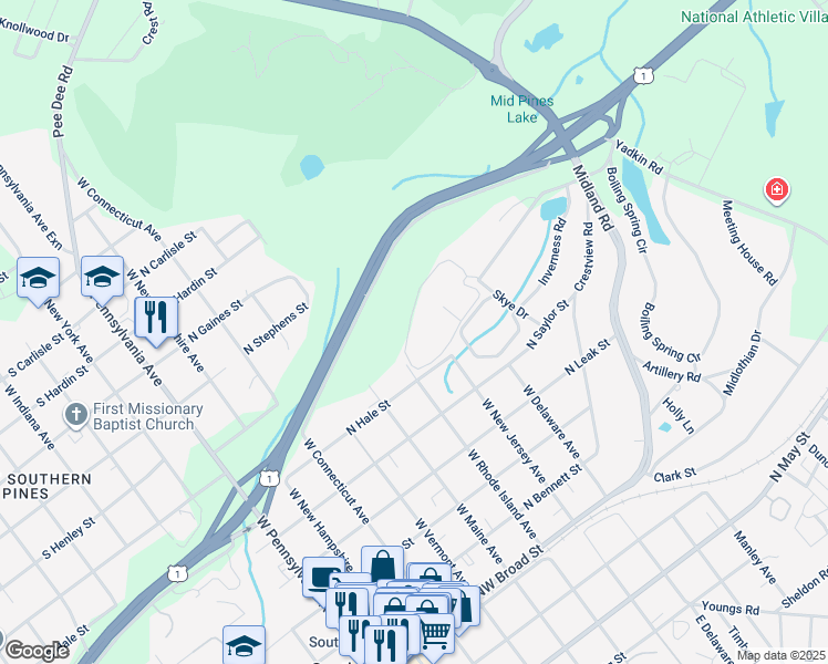 map of restaurants, bars, coffee shops, grocery stores, and more near 35 Village Green Circle in Southern Pines