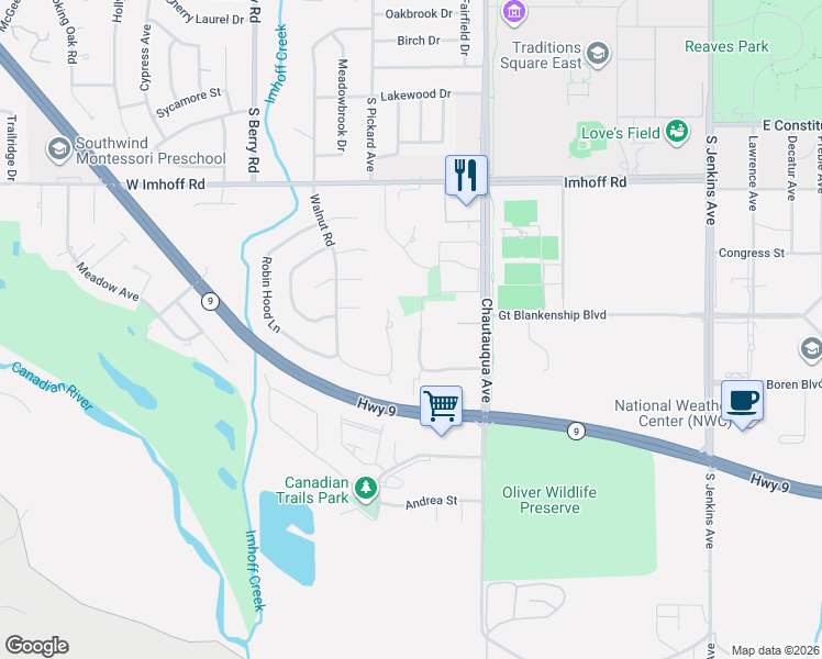 map of restaurants, bars, coffee shops, grocery stores, and more near 3325 Walnut Road in Norman