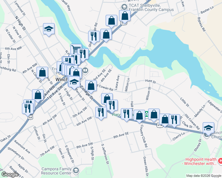 map of restaurants, bars, coffee shops, grocery stores, and more near 415 Old Cowan Road in Winchester