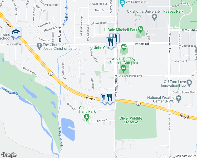 map of restaurants, bars, coffee shops, grocery stores, and more near 3112 Ridgecrest Court in Norman
