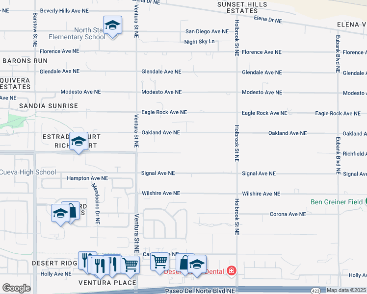 map of restaurants, bars, coffee shops, grocery stores, and more near 9304 Oakland Avenue Northeast in Albuquerque