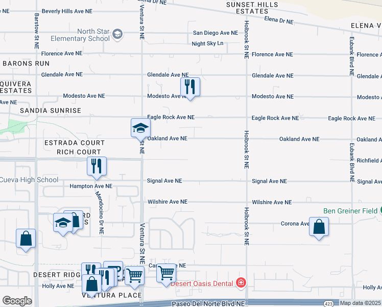 map of restaurants, bars, coffee shops, grocery stores, and more near 9304 Oakland Avenue Northeast in Albuquerque