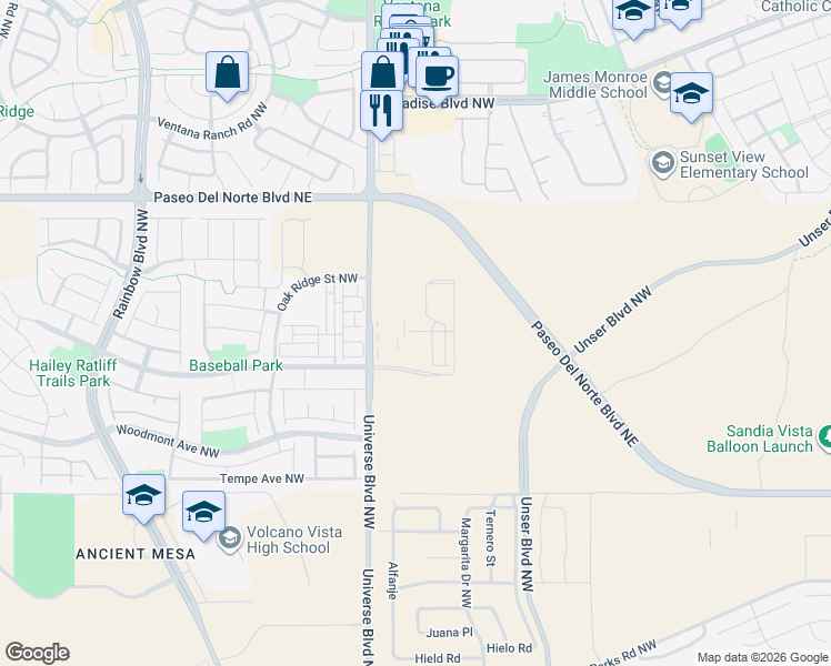 map of restaurants, bars, coffee shops, grocery stores, and more near 50 Universe Boulevard Northwest in Albuquerque