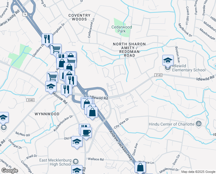 map of restaurants, bars, coffee shops, grocery stores, and more near 5800 Cedars East Court in Charlotte