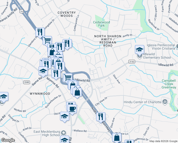 map of restaurants, bars, coffee shops, grocery stores, and more near 5716 Cedars East Court in Charlotte