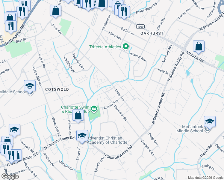 map of restaurants, bars, coffee shops, grocery stores, and more near in Charlotte
