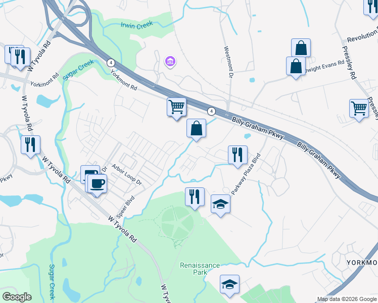 map of restaurants, bars, coffee shops, grocery stores, and more near 4830 Price Lane in Charlotte