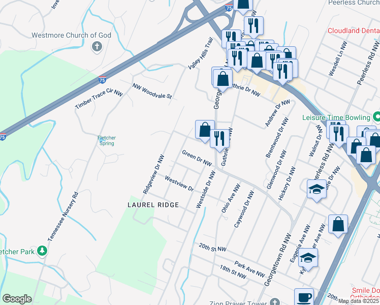 map of restaurants, bars, coffee shops, grocery stores, and more near 2505 Thompson Lane Northwest in Cleveland