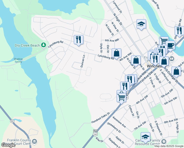 map of restaurants, bars, coffee shops, grocery stores, and more near 227 Briar Circle in Winchester