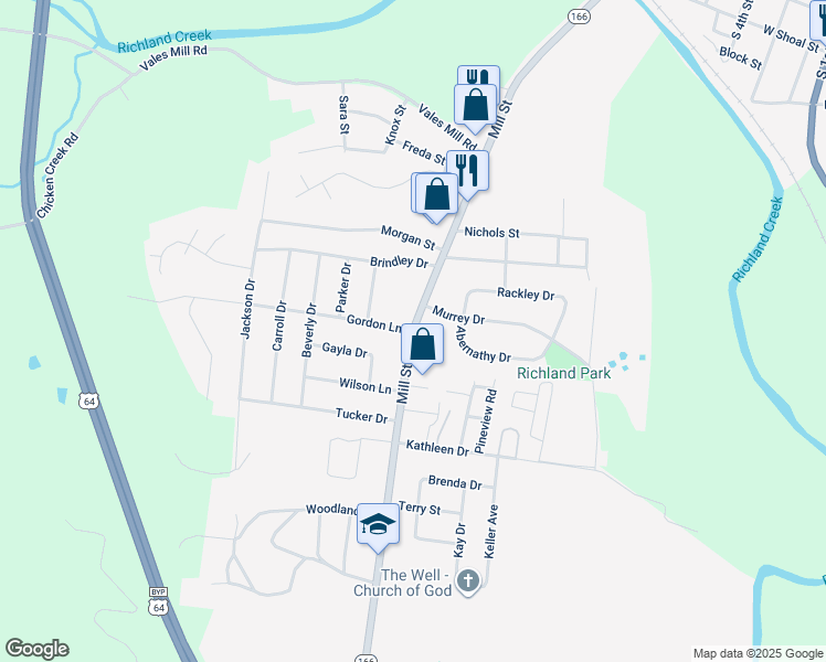 map of restaurants, bars, coffee shops, grocery stores, and more near 1242 Mill Street in Pulaski