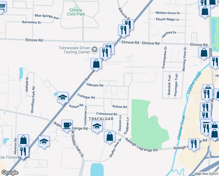map of restaurants, bars, coffee shops, grocery stores, and more near 6320 Gillespie Road in Memphis