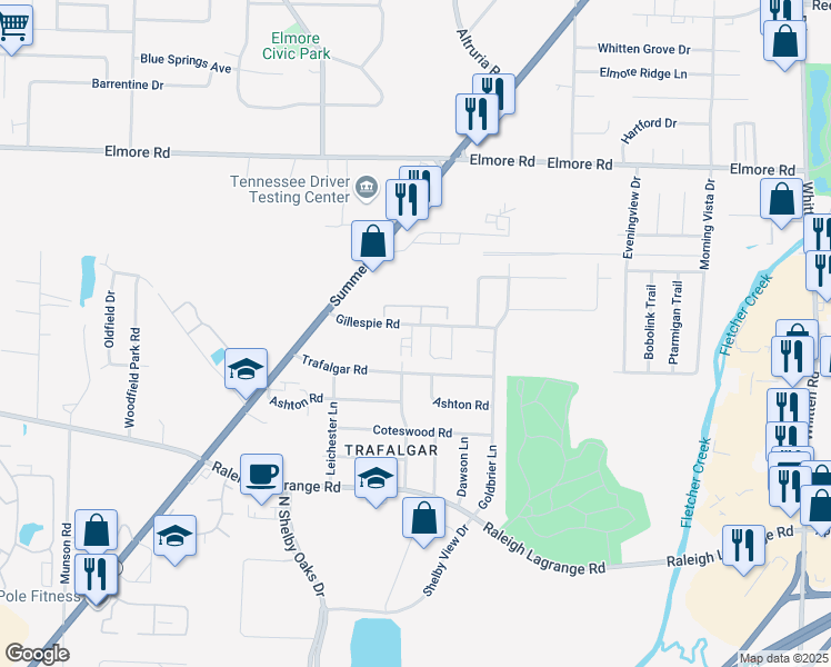 map of restaurants, bars, coffee shops, grocery stores, and more near 6320 Gillespie Road in Memphis