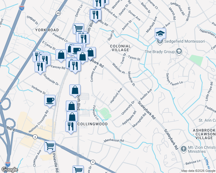 map of restaurants, bars, coffee shops, grocery stores, and more near 4000 Applegate Road in Charlotte